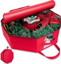 Wreath Storage Christmas Garlands Bag with Interior Pockets Large Xmas Container Box for Holiday Decorations Case with Dual Zipper and Handles Window Labeling Card Slot 24" Red