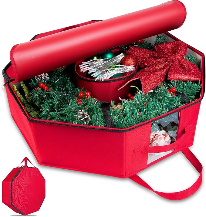 Wreath Storage Christmas Garlands Bag with Interior Pockets Large Xmas Container Box for Holiday Decorations Case with Dual Zipper and Handles Window Labeling Card Slot 24" Red