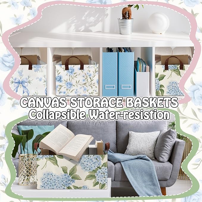Boao 3 Pcs Blue Hydrangea Bow Storage Bin Flowers Collapsible Large Storage Baskets for Gifts Canvas Laundry Basket Foldable Box with Handle for Office Home Bedroom Clothes