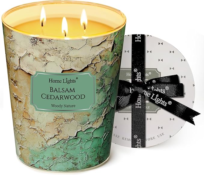 HomeLights Scented Candles | Large Jar 34 Oz Natural Soy Candle | 130 hrs Long-Lasting with 3 Wicks | Industrial Chic for Home Decor | Gifts for Mom & Women, Balsam Cedarwood