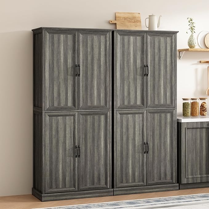 71'' Tall Pantry Cabinet Set of 2, Farmhouse Kitchen Pantry Storage Cabinet with Barn Door and Adjustable Shelves, Rustic Wood Freestanding Cupboard for Kitchen, Dining Room, Grey