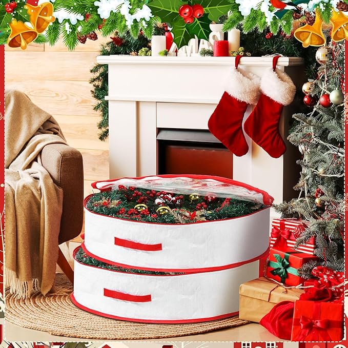 Aliceset 4 Pack Wreath Storage Containers, Christmas Ornament Garland Wreath Storage Bags with Handle Dual Zipper Large Decorative Storages Box for Winter Wreaths(36 x 36 x 7.8 Inch,White)