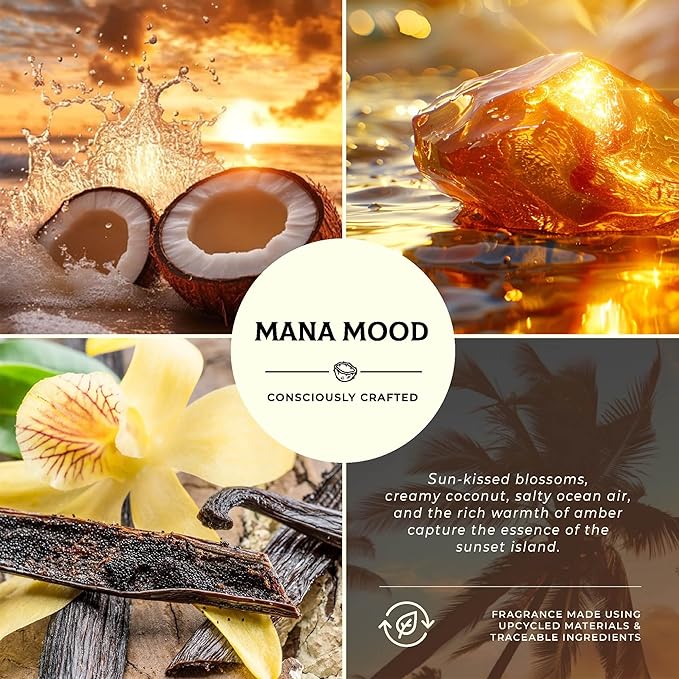 Mana Mood Sunset Island Scented Candles, Coconut & Pineapple, 9oz Large Wood Wick Candle, Soy Wax Table Torch, 60 Hours of Burn Time, Ideal Holiday Gifts for Men and Women, Perfect Summer Fragrance.