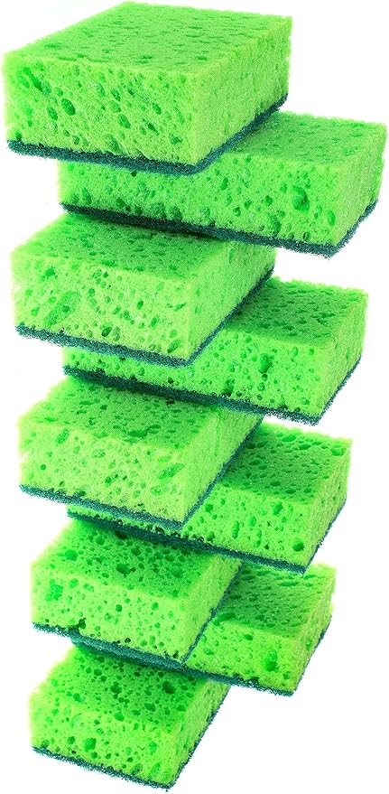 Okleen Green Multi Use Scrub Sponge. Made in Europe. 9 Pack, 4.3x2.8x1.4 inches. Odorless Heavy Duty and Non Scratch Fiber. Best, Durable, Delicate, Porous, Non Cellulose Kitchen Sponges and Scrubbers