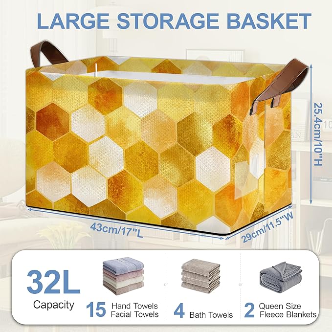 Honeycomb Storage Baskets,Bee Foldable Organizer Bin with Handles for Home Living Room Bedroom Closet Box 17x11.5x10Inch