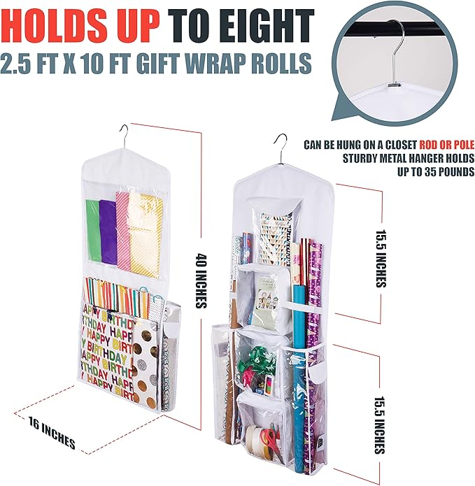 Double-Sided Hanging Gift Bag and Gift Wrap Organizer (White)