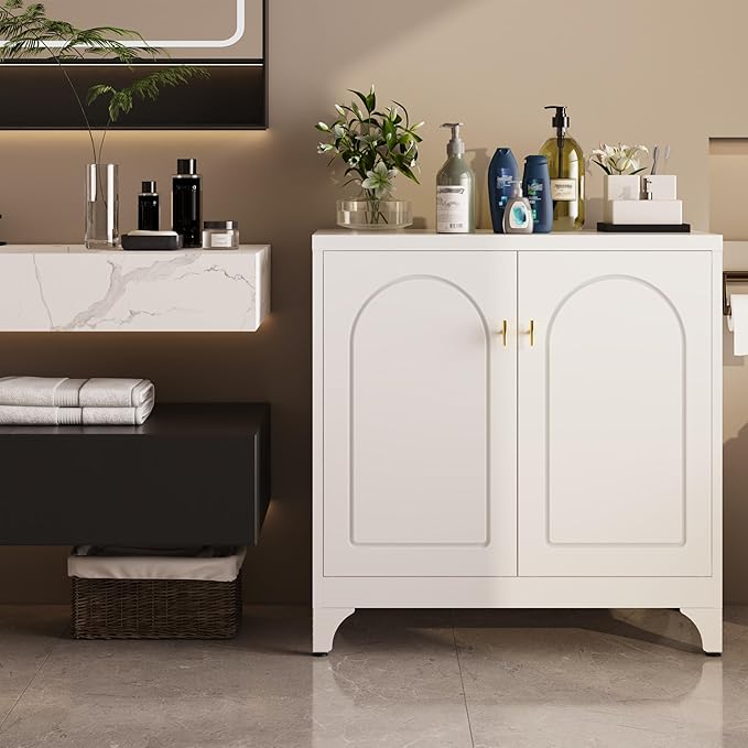 Metal Storage Cabinet with 2 Doors, 33" H White Sideboard Cabinet, Small Kitchen Pantry with Adjustable Shelf, Coffee Bar Cabinets, Storage Cabinets for Kitchen, Bedroom, Living Room, Office