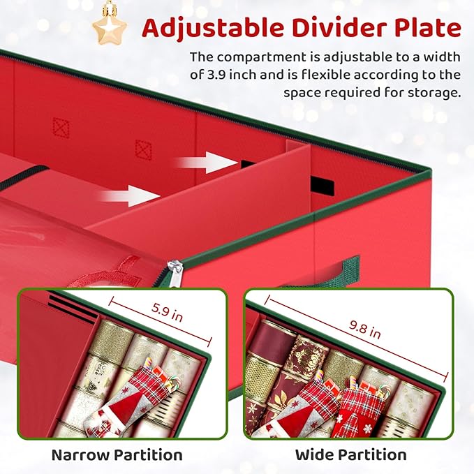 BlessedSeason Wrapping Paper Storage Organizer for 40 Inch Christmas Gifts Wrapping Paper, 2 Visible Supplies Pockets for Holiday Accessories, Christmas Decoration Storage Containers, Red