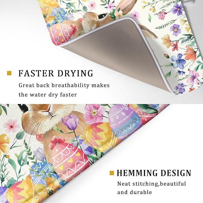 Giwawa Easter Rabbit Dish Drying Mat Spring Flower Dish Drainer Rack Mats 18x24 inch Absorbent Microfiber Fast Dry Pad Kitchen Counter Accessories