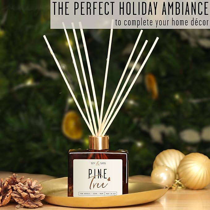 Pine Reed Diffuser, 'Pine Tree' - w/Balsam Fir, Cedar & Citrus I Infused w/Essential Oils I Christmas Diffuser Decor I 3.75 OZ Oil I Long-Lasting Scent Lasts 4-6 Month's I Made in The USA