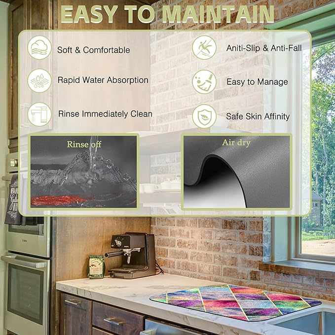 Watercolor Argyle Plaid Dish Drying Mat Abstract Geometric Plaid Kitchen Mat 16"x24" Bsorbent Coffee Maker Mat for Dishes Utensils Coffee Maker Pots and Pans Easy Clean Dish Slip Resistant Pad