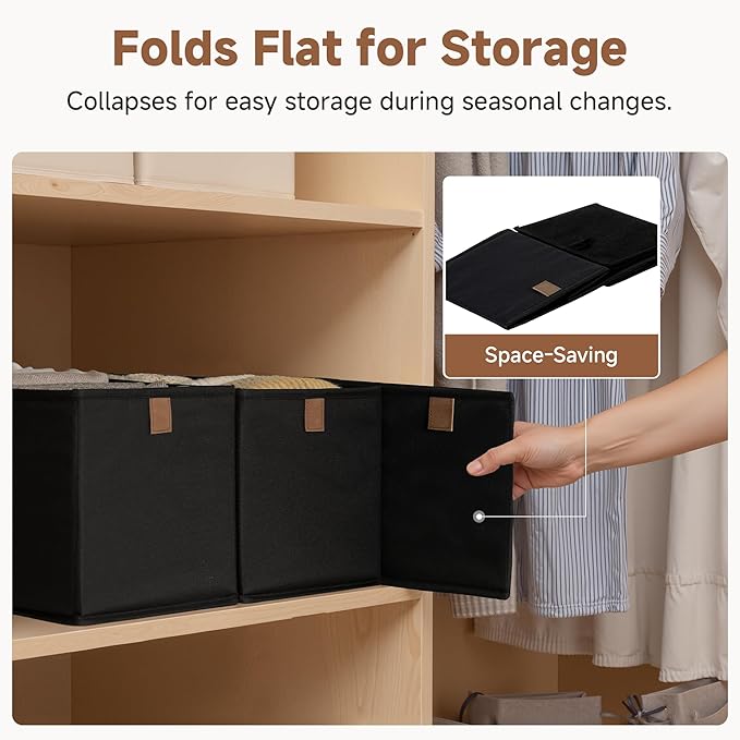 StorageWorks Fabric Storage Bins, Narrow Baskets for Storage, Small Baskets for Organizing with PU Handle, Suitable for Clothes, Books, and Toys, Black, 4-Pack