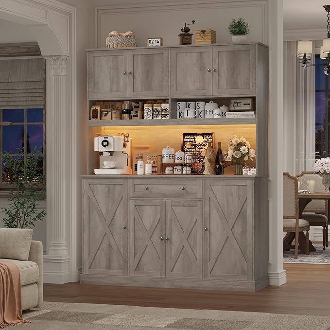 HIFIT 72.8” Tall Kitchen Pantry Cabinet with LED & Charging Station, 55” Wide Farmhouse Pantry Storage Cabinet with Microwave Stand&Shelves&Barn Doors, Kitchen Hutch Coffee Bar for Living Room, Grey