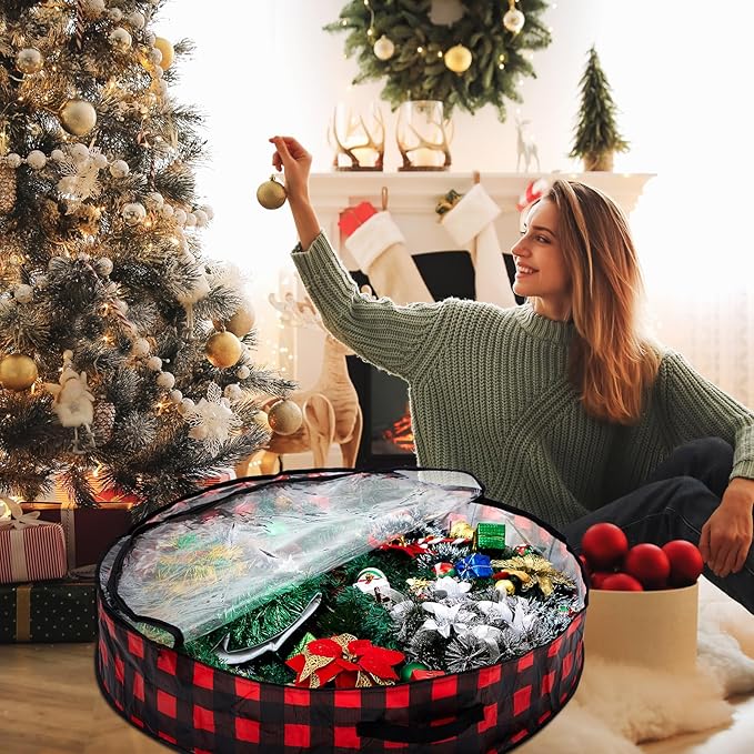 Aliceset 4 Pack Wreath Storage Containers, Christmas Ornament Garland Wreath Storage Bags with Handle Dual Zipper Large Decorative Storages Box for Winter Wreaths(36 x 36 x 7.8 Inch,Red Black Plaid)