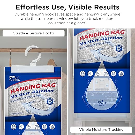 W&E Choice Moisture Absorbers Hanging Bag for Your Closet, Dehumidifier Bags for Bathroom, Fragrance Free Humidity Packs, 6 Pack