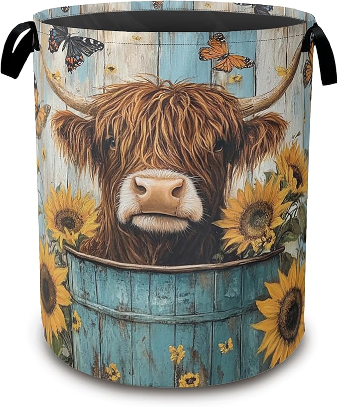 Large Laundry Basket,Highland Cow Collapsible Laundry Baskets,Sunflower Butterfly Waterproof Oxford Hamper with Handles for Bathroom Bedroom Nursery Home Storage 16"x20"