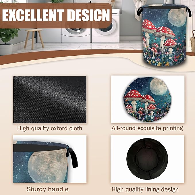 Groovy Mushroom Laundry Basket,Night Sky Moon Collapsible Laundry Hamper Waterproof Oxford Cloth With Handles, Clothes Storage Bucket Toy Organizer For Bathroom/Nursery/Bedroom 16" x 20.8"