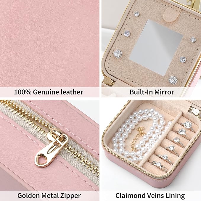 Genuine Leather Travel Jewelry Case Organizer with Mirror for Women, Small Jewelry Box Portable Mini Jewelry Case for Earring, Ring, Necklace, Bracelet(Pink)