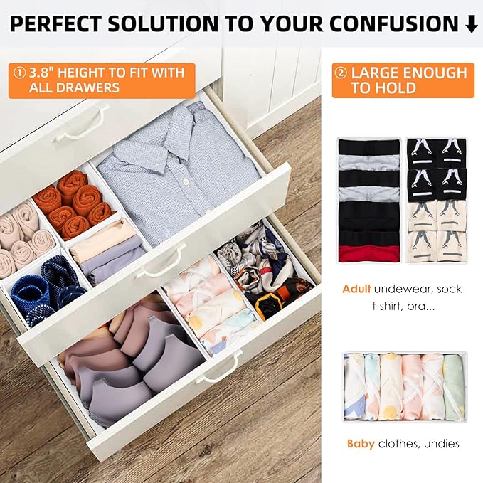 Criusia Closet Drawer Organizer Clothes, 15 Pack White Dresser Organizer for Baby Clothes, Fabric Drawer Dividers for Nursery Bedroom