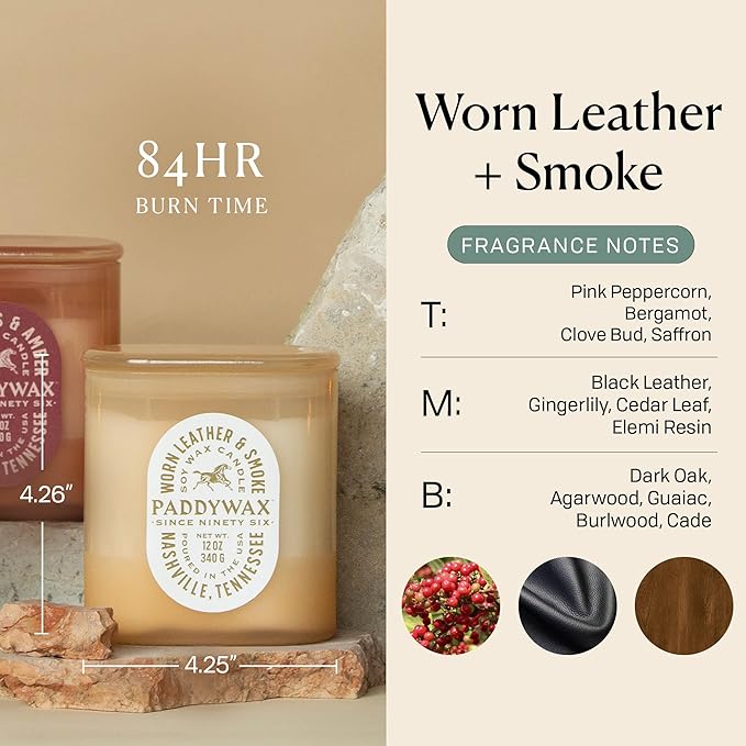 Paddywax Vista Scented Candle with Lid in Reusable Tonal Glass Jar, Clean-Burn 2-Wick Soy Candle with Approx. 84 Hour Burn Time, Decorative Gift Candles for Home, Worn Leather & Smoke, 12 oz