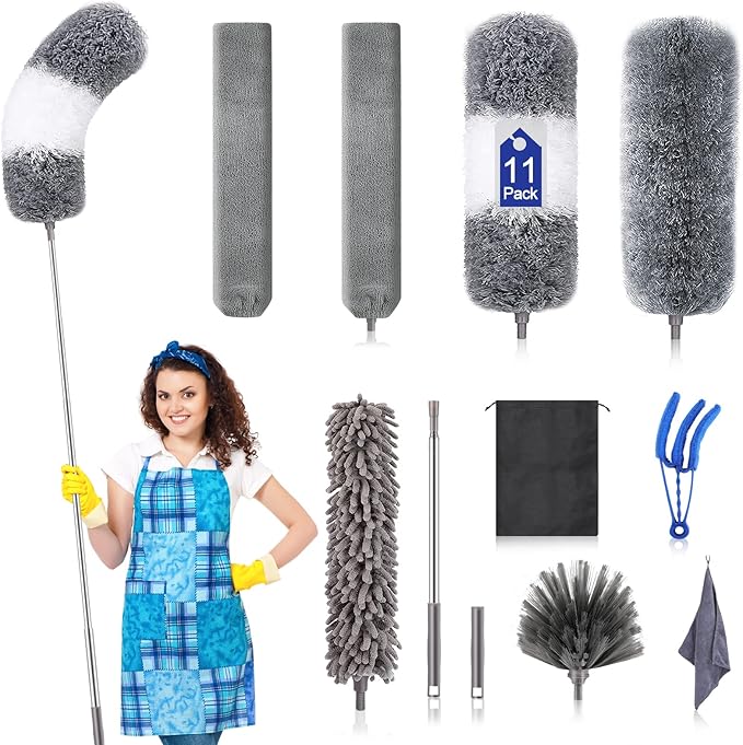 Microfiber Duster Kit (11PCS) - Washable Dusters with Extension Pole (30 to 100 in) for Cleaning Ceilings, Fans, Furniture