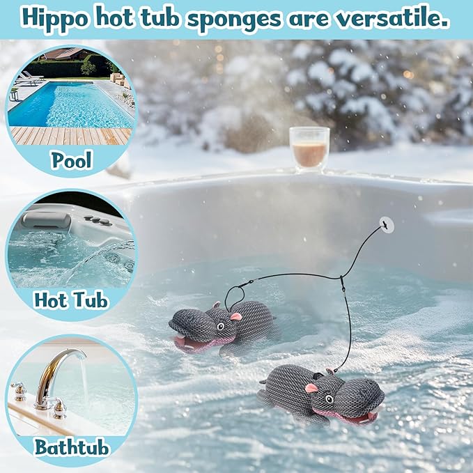 Hippo Hot Tub Scum Absorber Reusable Washable Scum Absorber for Spa Hot Tub Accessories Pool Oil Absorbing Sponge (2 Pack, Hippo)