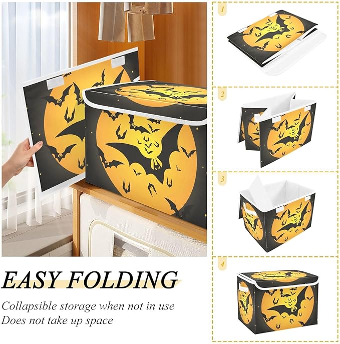 Halloween Storage Baskets Collapsible Storage Bins with Lids, Bat Pattern Storage Boxes Clothes Baskets for Organizing