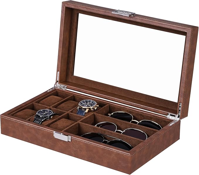 BEWISHOME Watch Box 6-Slot Watch Case and 3-Slots Sunglasses Box for Men, Sunglasses Storage with Large Glass Lid, Jewelry Box for Men Women Brown SSH18Z