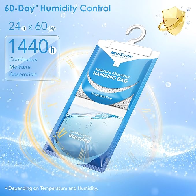 Moisture Absorbers 10 Pack Fragrance Free, Hanging Closet Dehumidifier Bags, Humidity Absorber, Compact Eliminates Odors Humidity Packs for Car, Bathroom, Bedroom, Basement, 9.8OZ