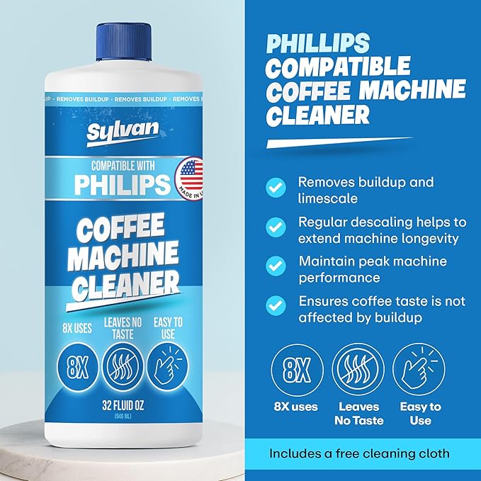 Descaling Solution Compatible with Philips Saeco | Free Cleaning Cloth | 12 Month Supply | Made in the USA | Descaler for Philips Machines | 32 Oz | Coffee Machine Cleaner and Decalcifier