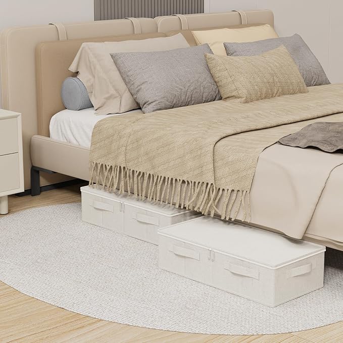 ENUMAIL Underbed Storage Container, Foldable Under Bed Bins, Wardrobe Organisers with Lid for Organizing Clothes, Sheets, Blankets, Comforter, 23.6x11.8x5.9in, Beige, 2 Pack