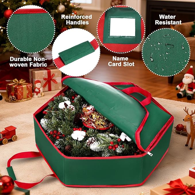 Christmas Wreath Storage Container - 30" Sturdy Hard Shell Christmas Wreath Storage Bag with Interior Pockets, Dual Zipper and Handles, Premium Wreath Storage Organizer Box