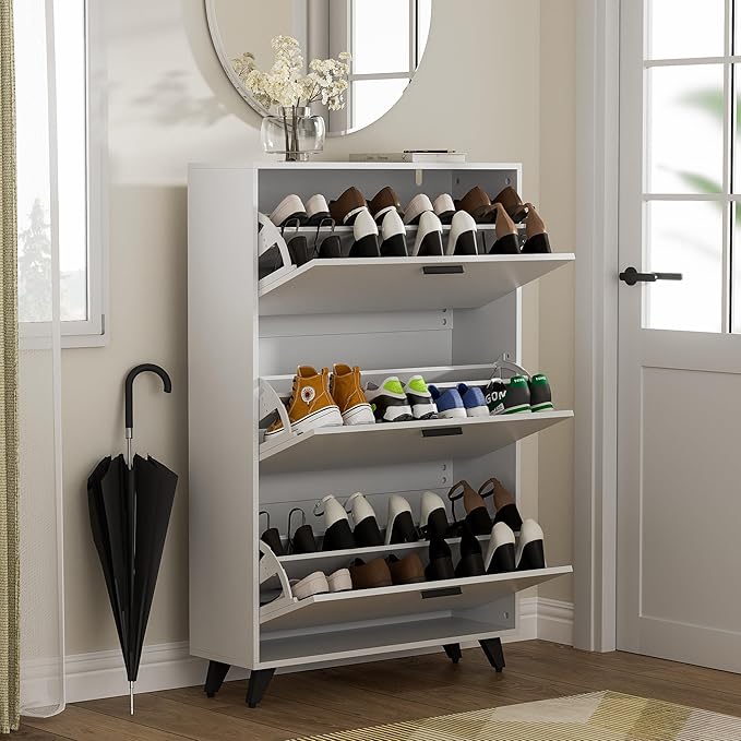 White Shoe Storage Cabinet - Fit up to Size 16, 3 Flip Drawers, Wooden Organizer for Entryway, Closet, Living Room