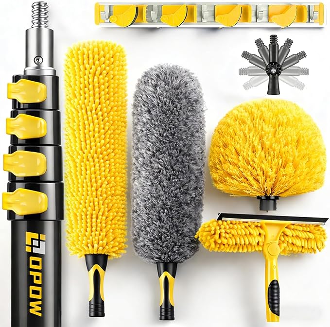 25 Foot High Ceiling Duster Kits with 5-18ft Heavy Duty Extension Pole, High Reach Duster for Cleaning,Microfiber Feather Duster,Cobweb Duster,Ceiling Fan Duster,Window Squeegee & Cleaner