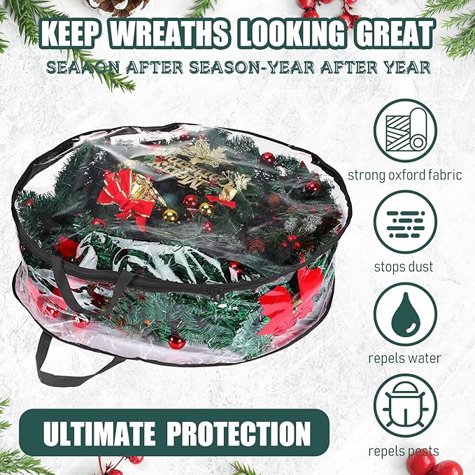 Shappy 4 Pieces Clear Christmas Wreath Storage Container 24 Inches Xmas Wreath Storage Bag Plastic Christmas Garland Container with Dual Zippers and Reinforced Handles for Xmas Seasonal (Black)