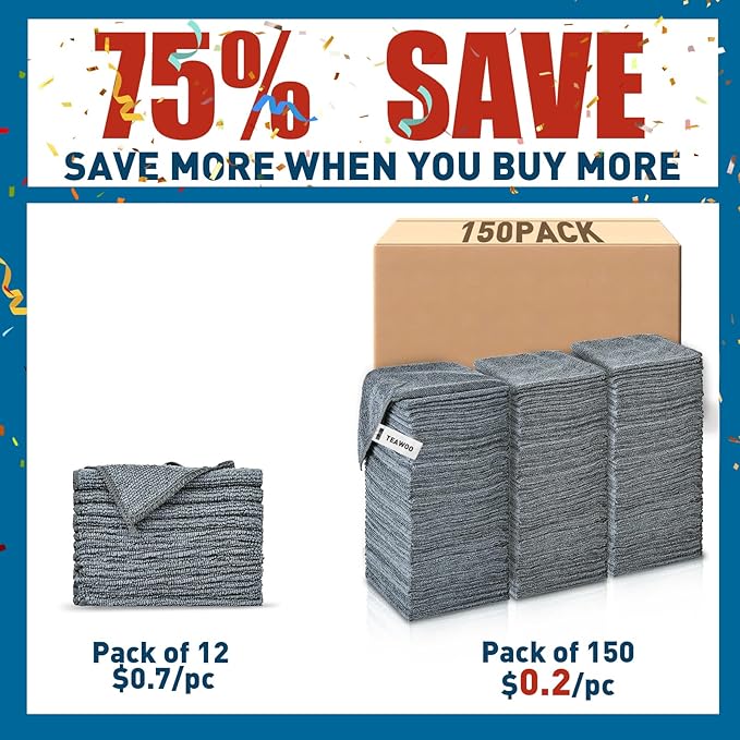 TEAWOO Microfiber Cleaning Cloths Bulk Pack-150 Pack, Microfiber Towels Bulk, Towels for Cars, Cleaning Rags Gray (12x12 inches)