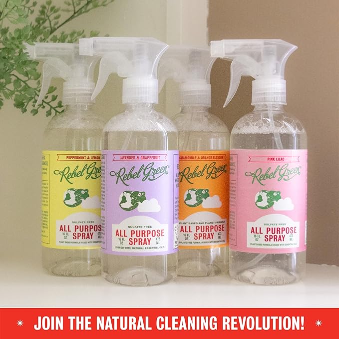 Rebel Green Natural All-Purpose Cleaning Spray - Plant-Derived Multi-Surface Cleaner with Essential Oils for Kitchen, Bath, Countertops and More - Peppermint & Lemon Scent - 16 oz - 2 Pack