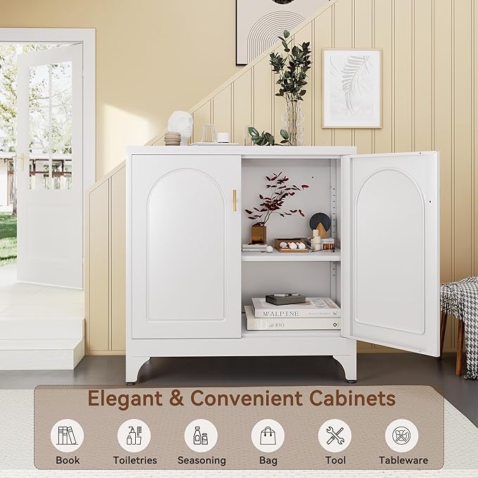 Buffet Cabinet with Storage, 33" H Side Board Storage Cabinet with Doors and Shelves, Metal Sideboard Cabinets for Dining Room, Living Room, White