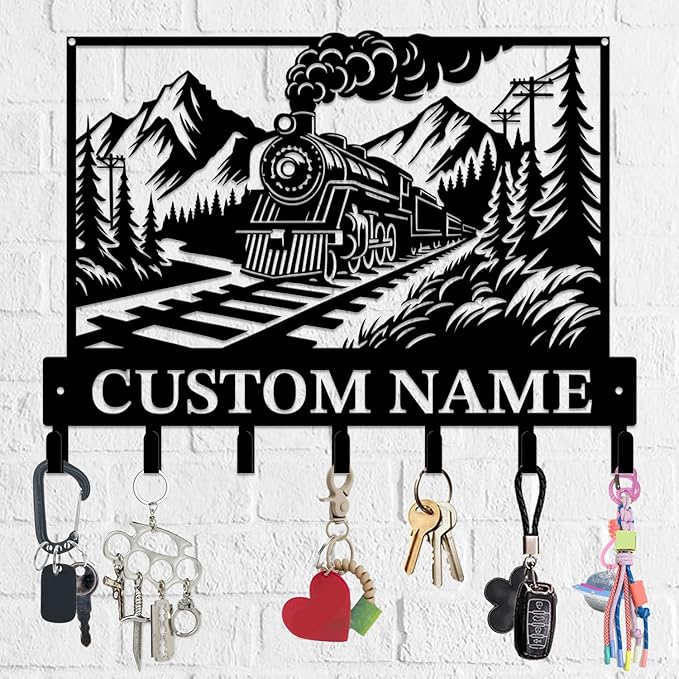 Personalized Train Metal Keys Hooks,Custom Name Metal Train Keys Hooks,Black Metal Train Wall Home Storage Decorative Keys Hooks,Key Holder Hooks for Wall (Style I)