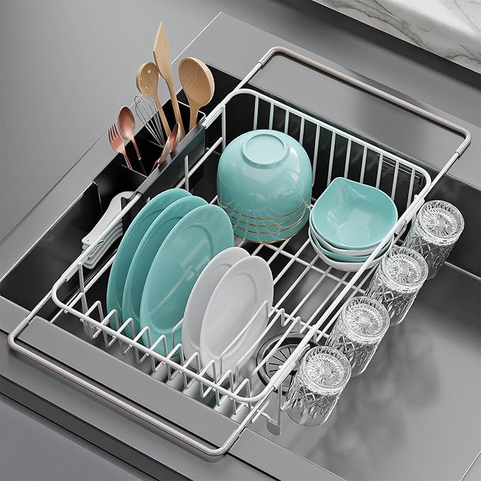 jouzevic Dish Drying Rack in Sink: Expandable, 3-Slot Utensil Holder, Anti-Slip Handle. Small Dish Rack: Ideal for Small Households. Kitchen Drying Rack: White