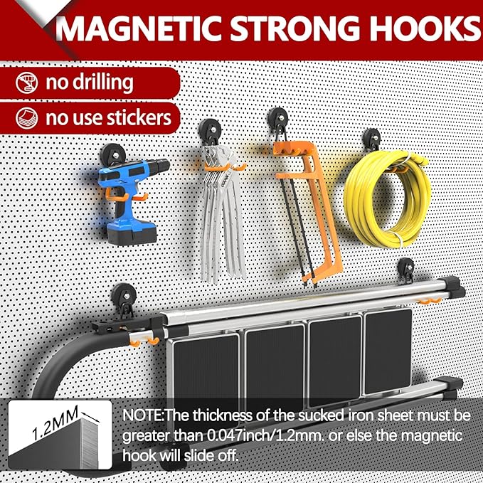 3-H Heavy Duty Magnet Garage Hooks 4 Pack, Extra Large Strong Magnetic Hooks for Hanging Cordless Power Drill, Utility Magnetic Tool Holder for Metal Cabinet, Steel Pegboard, Toolbox, Garage(Orange)