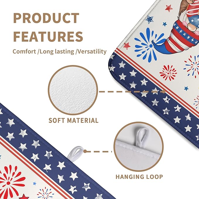 Wnoesat 4th of July Dish Drying Mats for Kitchen Counter 18x24 In Memorial Independence Day Patriotic Gnome Stars Microfiber Drying Mat Fourth of July USA Super Absorbent Dish Rack Mat Drying Pad