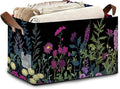 Vintage Wildflowers Storage Baskets,Garden Plants Herb Foldable Large Capacity Organizer Bins with Waterproof Lining and Leather Handles for Closet,Shelf,Bedroom 17x11.5x10Inch