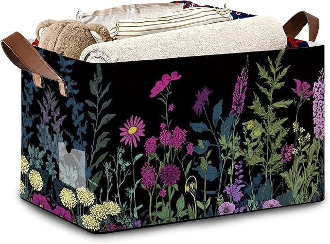 Vintage Wildflowers Storage Baskets,Garden Plants Herb Foldable Large Capacity Organizer Bins with Waterproof Lining and Leather Handles for Closet,Shelf,Bedroom 17x11.5x10Inch