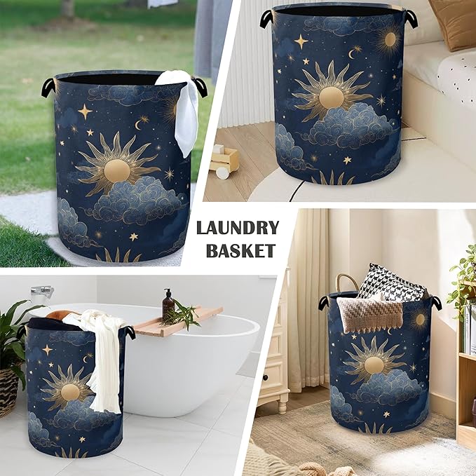 Sun Moon Stars Laundry Basket,Oxford Cloth Laundry Hamper with Handle Foldable Portable Clothes Storage Basket for Bathroom Bedroom Dorm Room 16" x 20.8"
