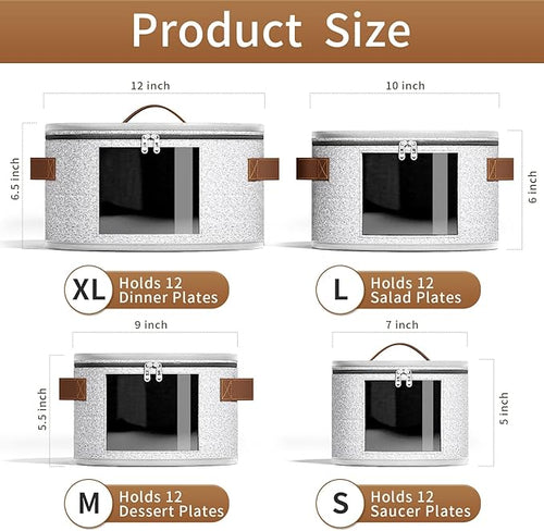 4 Piece China Storage Containers, Dish Storage Containers with Clear Windows, Hard Shell Plate Organizer with Handles, Stackable Stemware Storage Cases, Moving Boxes for Dishes, Plates, Light Gray
