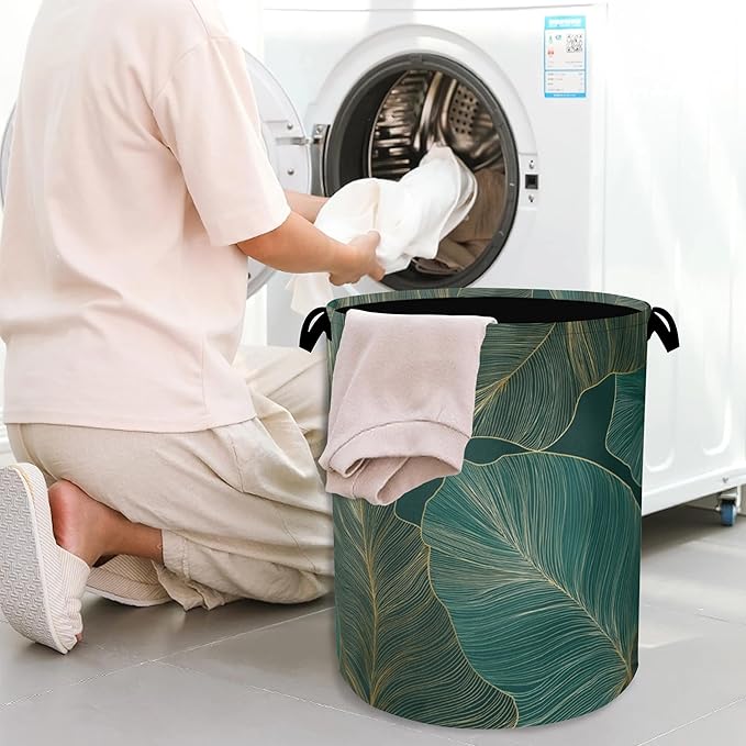 Palm Leaf Golden Laundry Hamper,Tropical Dirty Clothes Laundry Basket with Handles Waterproof Oxford Cloth Storage Basket for College Dorms Bathroom Bedroom 16" x 20.8"