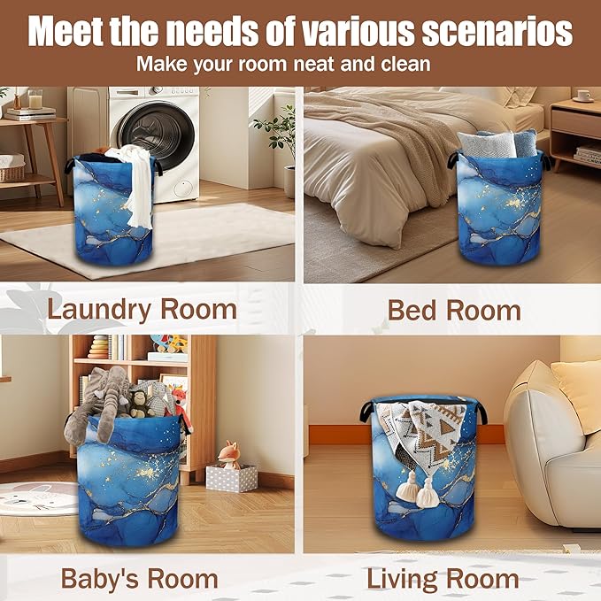 Blue Gold Marble Laundry Basket, Laundry Hamper Waterproof Oxford Cloth Tote Collapsible,Clothes Storage Bucket Decorative Toy Organizer For Bathroom Bedroom 16" x 20.8"