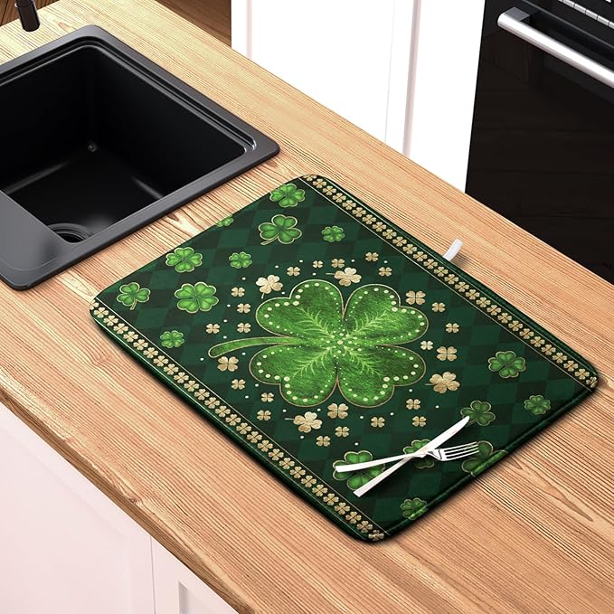 Kwlegh St Patricks Day Drying Mat for Kitchen Counter Shamrock Dish Drying Mats Lucky Clovers Green Plaid Dish Dryer Pad Absorbent Reversible Dish Drainer Rack Mat Kitchen Accessories 16x18 Inch