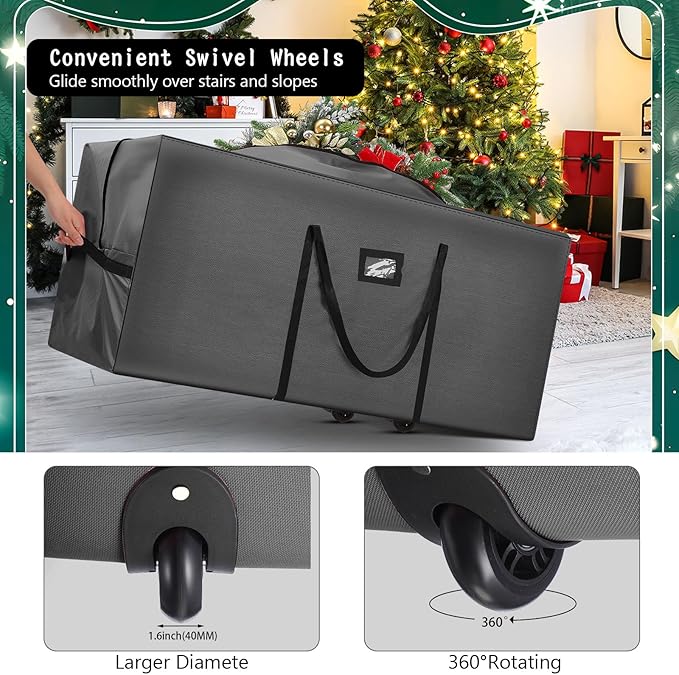 9 Ft Heavy Duty Christmas Tree Storage Bag 900d Oxford Fabric with Wheels and Reinforced Handles, Durable Xmas Storage Box for Disassembled Holiday Tree (9 ft,Grey)